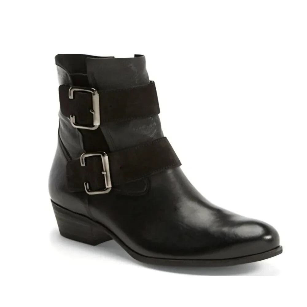Paul Green Denver Ankle Boot Black Leather Round Dual Buckle Belted 7.5UK 10US
